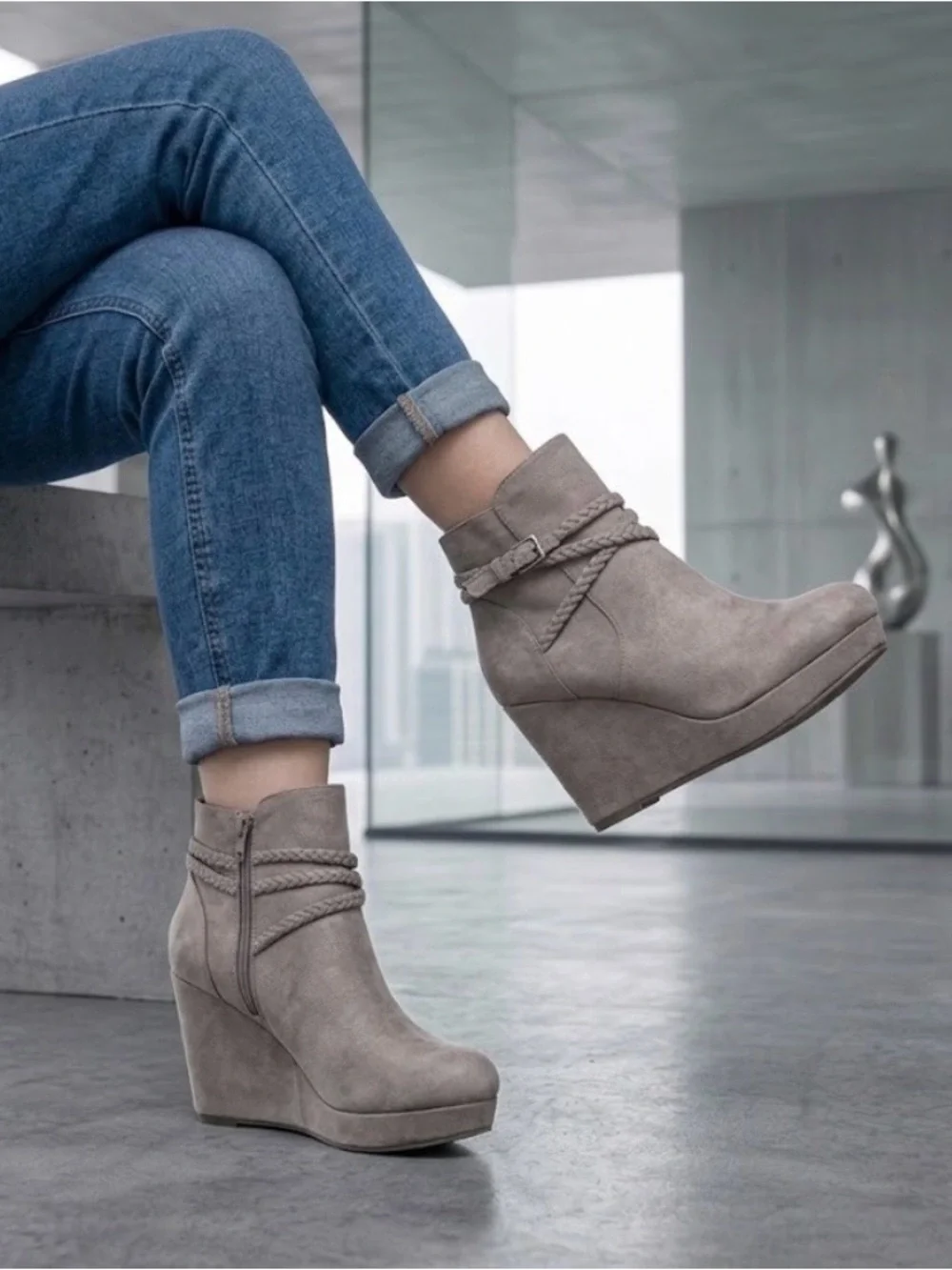 🔴 Stylish Taupe Braided Wedge Ankle Boots- 9
